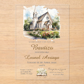 Boho Baptism in Spanish with church Acrylic Invitations