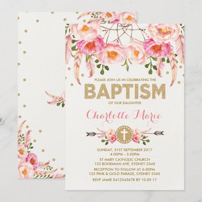 Boho Baptism Invitation rose or Floral Dreamcatche (Devant / Derrière)