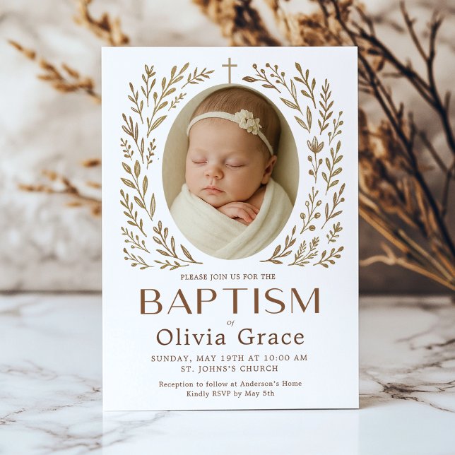 Boho Baptism Invitation with Floral Wreath and Bab (Baptism invitation for Olivia Grace, featuring a soft and elegant design with a floral border.)