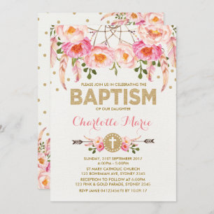 Boho Baptism Invite Pink Gold Floral Dreamcatcher