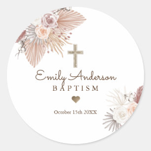 Boho Baptism Pampas Grass Christening Favour Classic Round Sticker