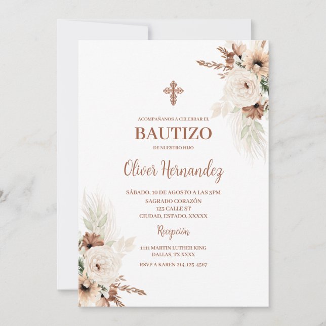 Boho Baptism Spanish Invitation (Front)