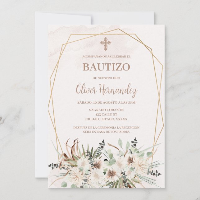 Boho Baptism Spanish Invitation (Front)