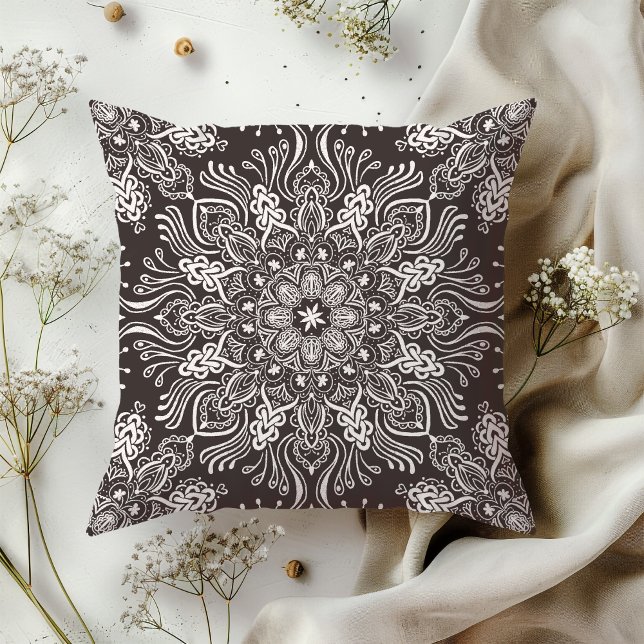 Boho Barkley Mandala eclipse black Throw Pillow (Creator Uploaded)