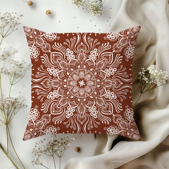 Boho Barkley Mandala Russet Red Throw Pillow (Creator Uploaded)