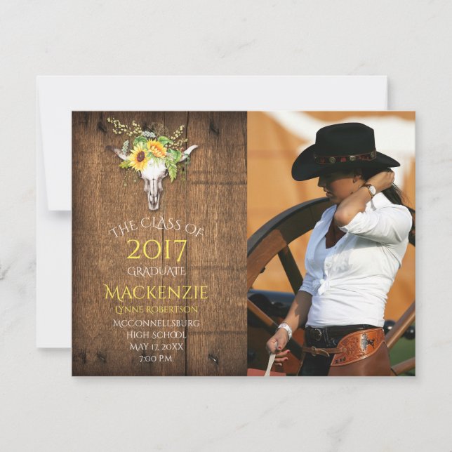 Boho Barnwood Sunflowers Skull Photo Graduation Announcement (Front)