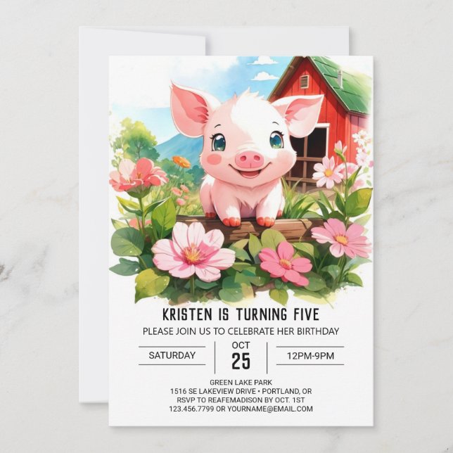 Boho Barnyard Friends Pig Girl Birthday Invitation (Front)