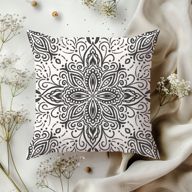 Boho Barrett Mandala eclipse black Throw Pillow (Creator Uploaded)