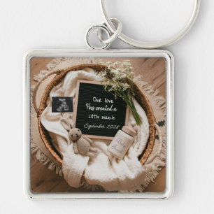 Boho basket pregnancy announcement keepsake keychain