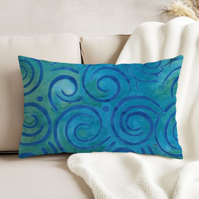 Boho Batik Blue Green Spirals Pattern Accent Pillow (Creator Uploaded)