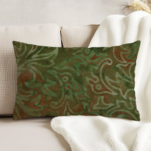 Boho Batik Green and Rust Foliage Pattern Accent Pillow