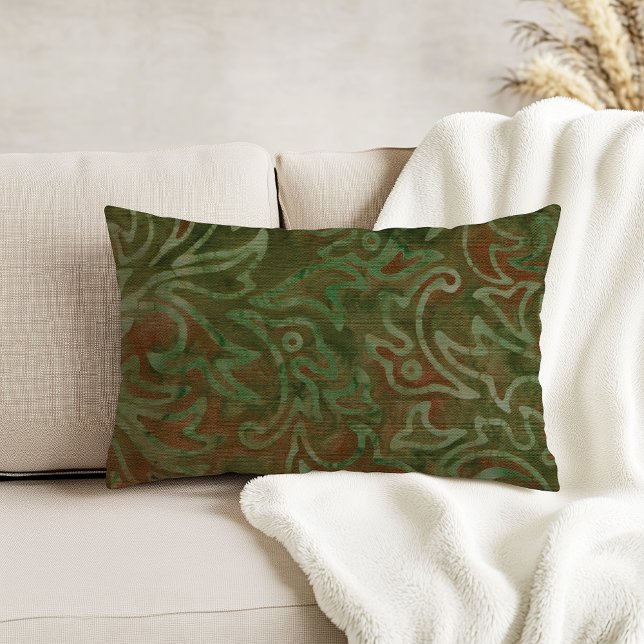 Boho Batik Green and Rust Foliage Pattern Accent Pillow (Creator Uploaded)