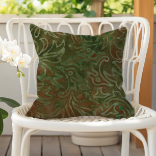 Boho Batik Green and Rust Foliage Pattern Outdoor Pillow