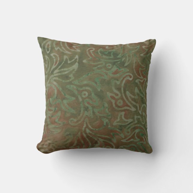 Boho Batik Green and Rust Foliage Pattern Outdoor Pillow (Front)