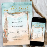 Boho Beach Arbor Watercolor Shore Wedding Invitation<br><div class="desc">Boho beach wedding invitation with rustic arbor, elegant gold calligraphy and watercolor ocean shoreline. This beautiful design has a sandy beach, bohemian chic style wedding arch decorated with voile and eucalyptus with a basket of pampas grass and tropical flowers. "on the beach" is hand lettered and the template is ready...</div>