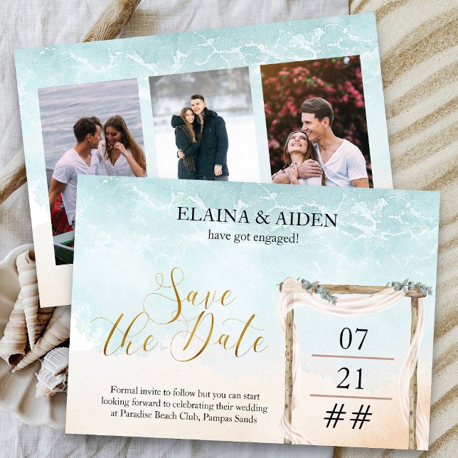 Boho Beach Arbor Wedding 3 Photo Save The Date (3 Photo Ocean Beach Themed Save the Date with gold calligraphy - Boho Beach Collection)
