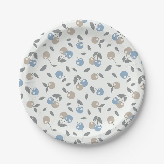 Boho Beach Cherries - beige blue fruit pattern. Paper Plate (Front)