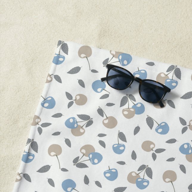 Boho Beach Cherries - beige blue fruit pattern. Towel (In Situ)