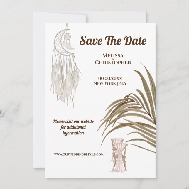 Boho beach dream catcher wedding dress chic save the date (Front)