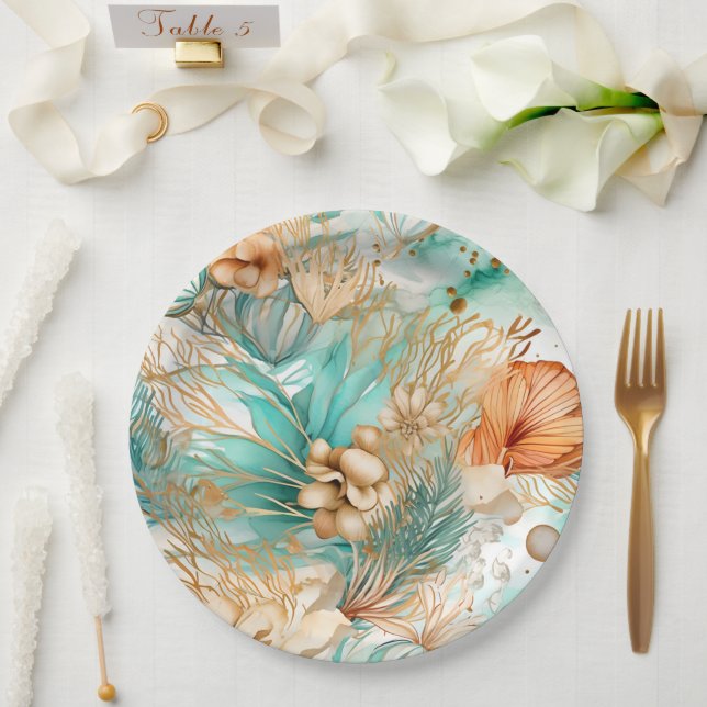 Boho Beach Floral Blue Peach Wedding  Paper Plate (Wedding)