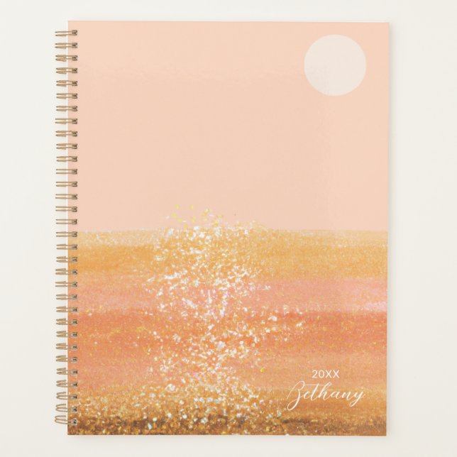 Boho Beach Scene Sunset Over Ocean Watercolor Planner (Front)