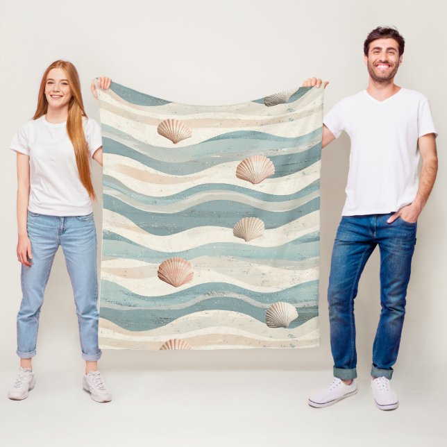 Boho Beach Seashell Waves Fleece Blanket (In Situ)