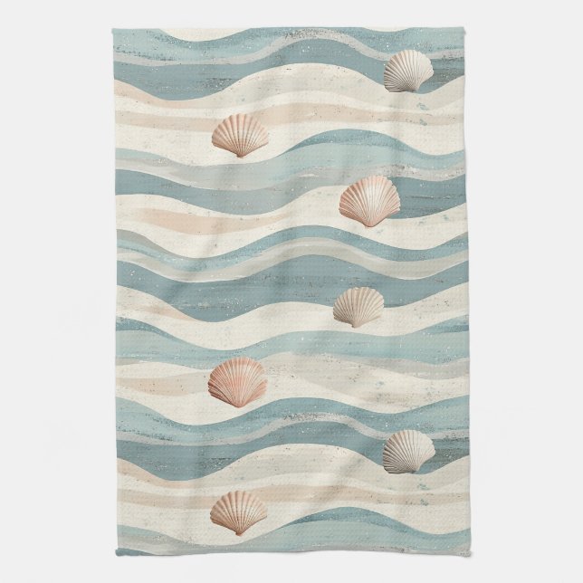 Boho Beach Seashell Waves Kitchen Towel (Vertical)