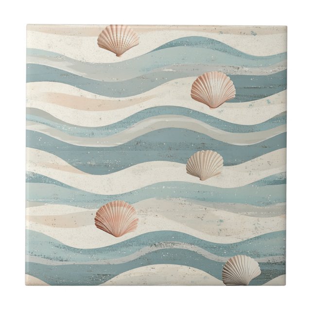 Boho Beach Seashell Waves Tile (Front)