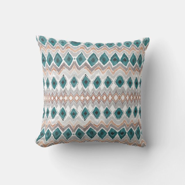Boho Beach Teal Peach Grey Chevron Diamond Pattern Throw Pillow (Front)