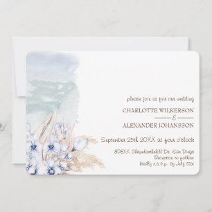 Boho Beach Watercolor Blue Orchids by the Ocean Invitation