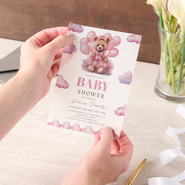 Boho bear baby girl pink Babyshower Vellum Invitations (Handheld)