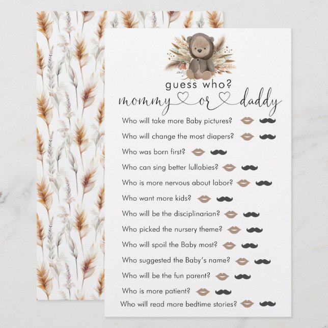 Boho Bear Baby Shower "Guess Who" Game (Front/Back)