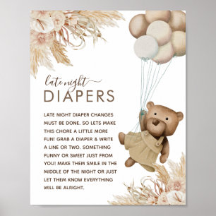 Boho Bear Baby Shower 'Late Night Diaper' Poster