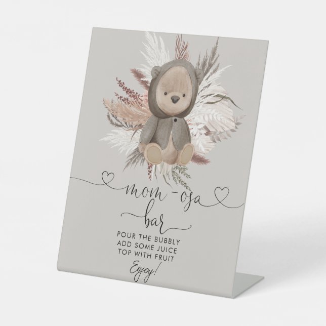 Boho Bear Baby Shower Mom-osa Bar  Pedestal Sign (Front)