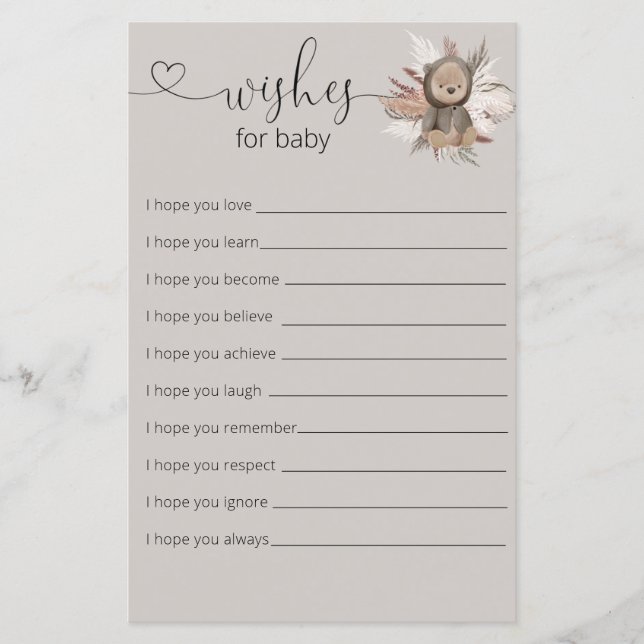 Boho Bear Baby Shower Wishes For Baby Card (Front)