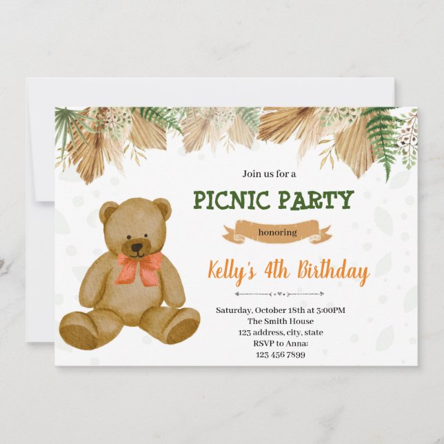 Boho bear picnic party invitation (Front)