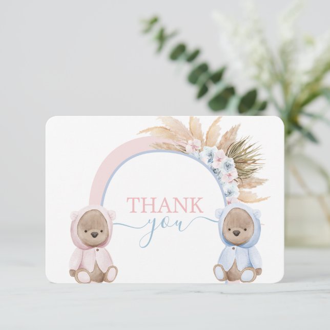 Boho Bear Twins Boy and Girl Carte de remerciement (Debout devant)