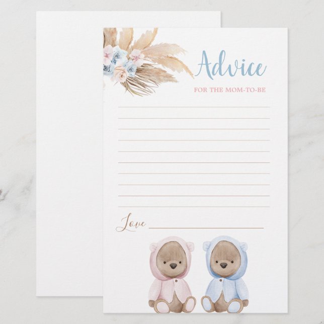 Boho Bear Twins Conseils pour maman d'être carte (Devant / Derrière)