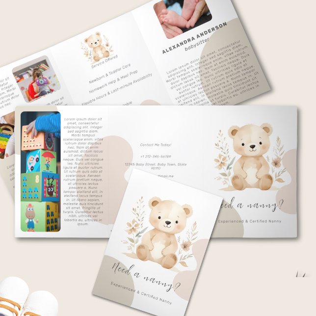 Boho Bear Watercolor Babysitter Service Tri-Fold Card (Boho Bear Watercolor Babysitter Service Tri-Fold Card)