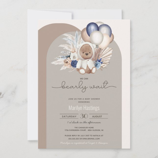 Boho Bear, We Can Bearly Wait Baby Shower  Invitation (Front)
