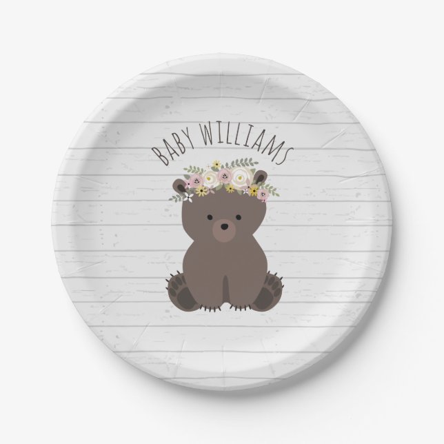 Boho Bear Wood Inspired Custom Baby Shower Paper Plate (Front)
