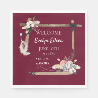 Boho Beautiful Baby Birth Stats Napkin