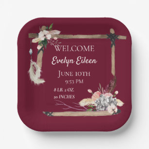 Boho Beautiful Baby Birth Stats Paper Plate