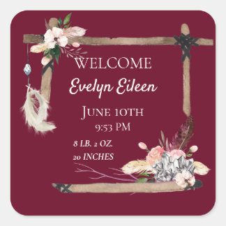 Boho Beautiful Baby Birth Stats Square Sticker