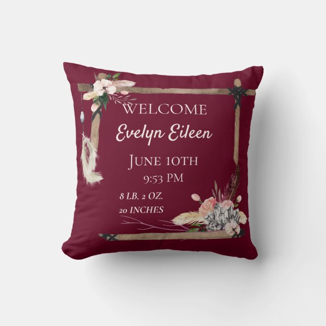Boho Beautiful Baby Birth Stats Throw Pillow (Front)