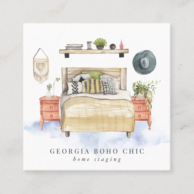 Boho Bedroom | Home Staging or Interior Design Square Business Card (Front)