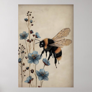 Boho Bee In Blue Flower Print, Cottagecore Wall Poster