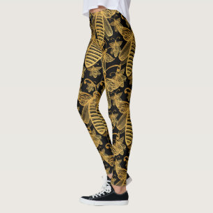 BOHO BEE SWARM Chic Pattern Gold on Black Leggings