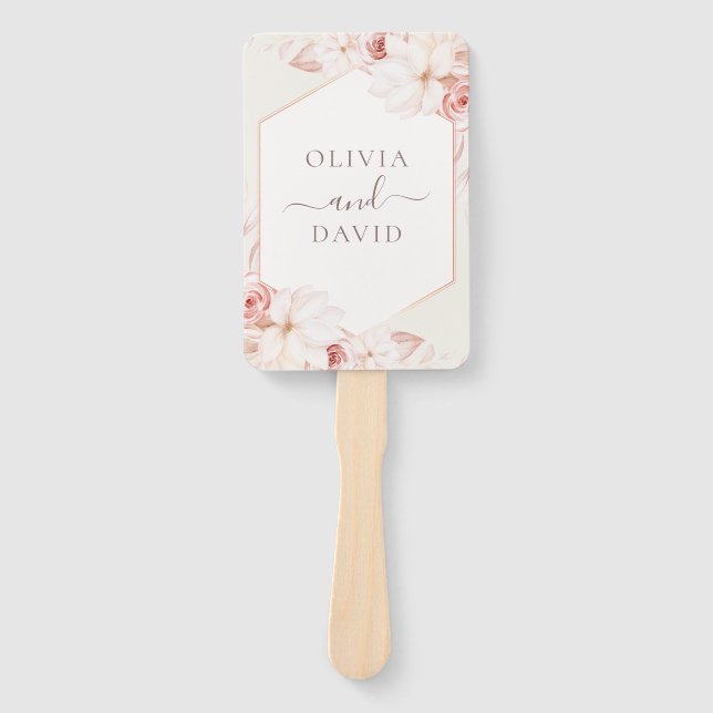 Boho Beige and Blush Pink Floral Wedding Program Hand Fan (Front)
