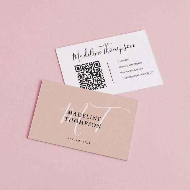 Boho Beige and White Script Calligraphy QR code Business Card (Creator Uploaded)